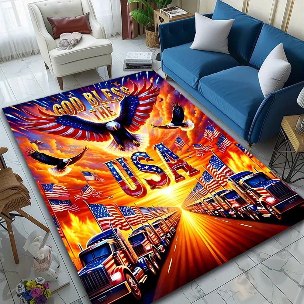 Patriotic USA Eagle with Flags and Trucks Patterned carpet, suitable as a non slip play mat for the living room and bedroom sofa