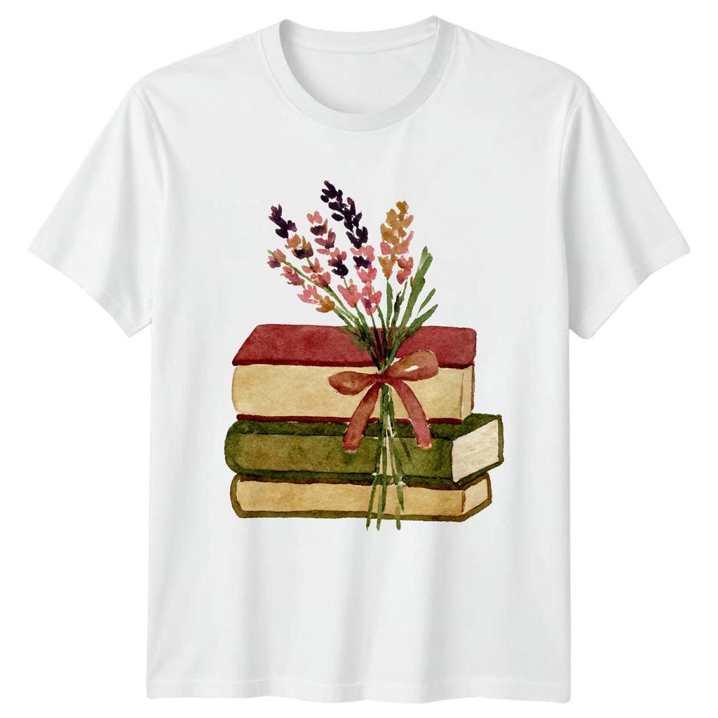 Stacked Books Reading Literature Unisexs TShirt Unisexs Tee Floral Graphic Tee