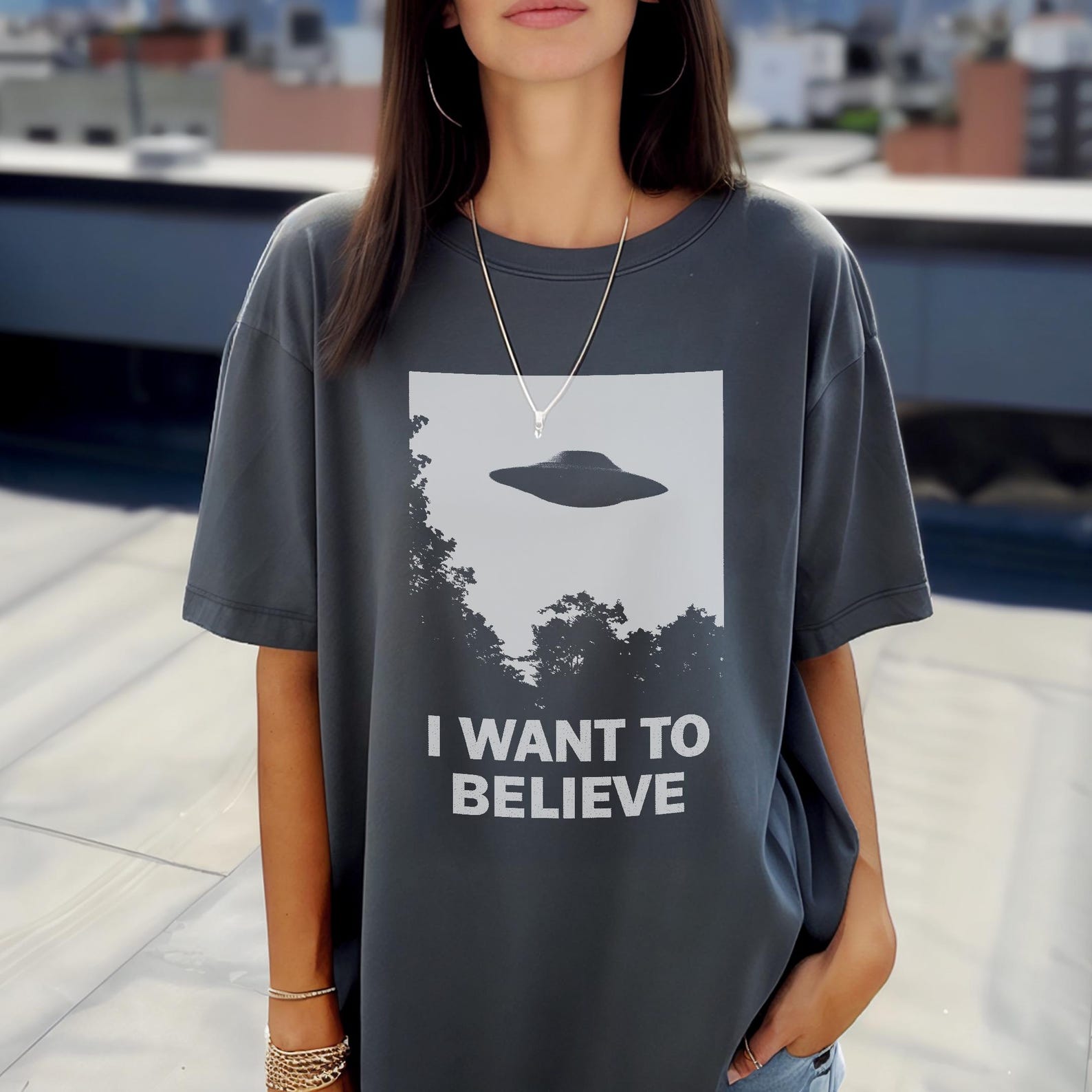 I Want to Believe T-Shirt - Retro X Files Tee - UFO Clothing L