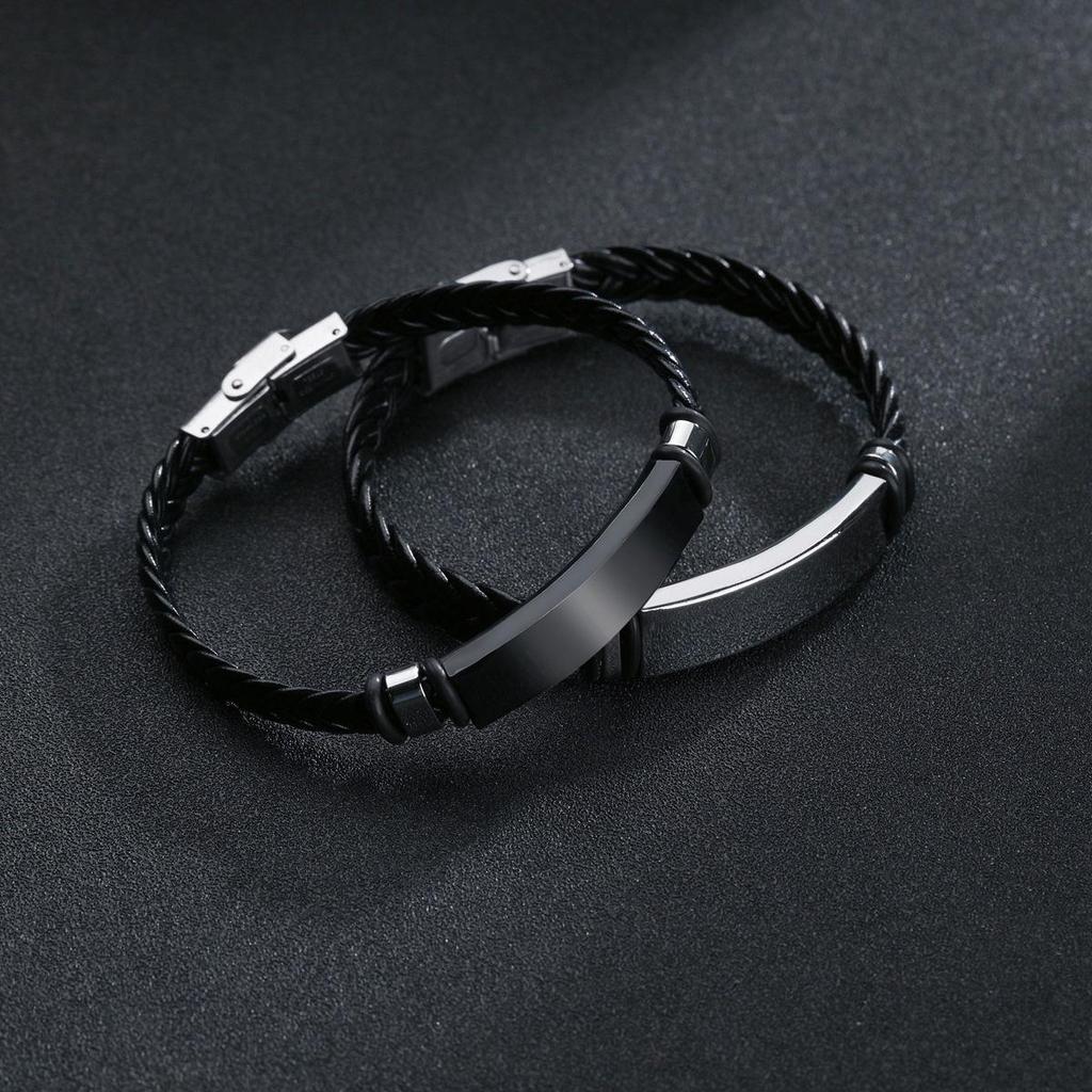 Titanium Steel Engraved Bangle with European-American Leather and Stainless Steel Woven Design