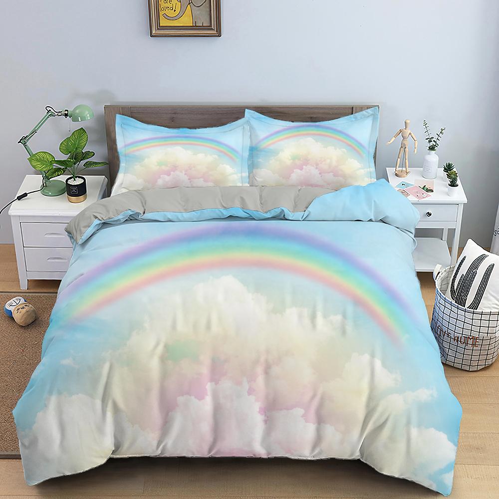 Rainbow Duvet Cover Set Colourful Cloud Rainbow Pattern 3D Polyester Comforter Cover King Full Size For Women Girl Bedding Set