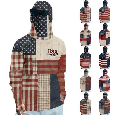 Long Sleeve Hooded Shirt with USA Flag Print Lightweight Pullover Top Casual Fit Soft Material for Everyday Wear