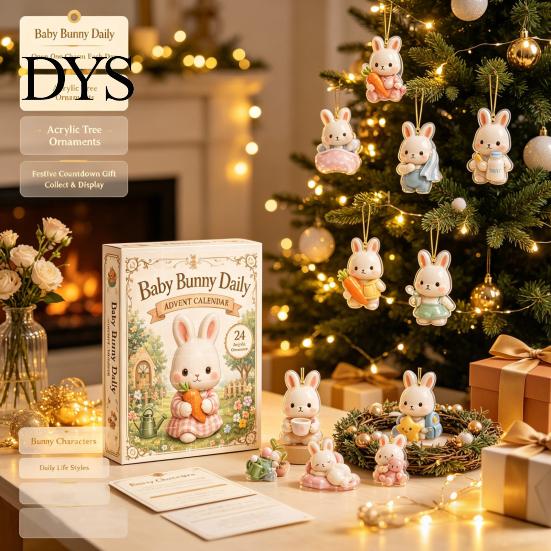 Fun Travel Companions Christmas Bunny Advent Calendar with 24 Acrylic 2D Rabbit Ornaments for Kids, Holiday Countdown Decorations Xmas Tree