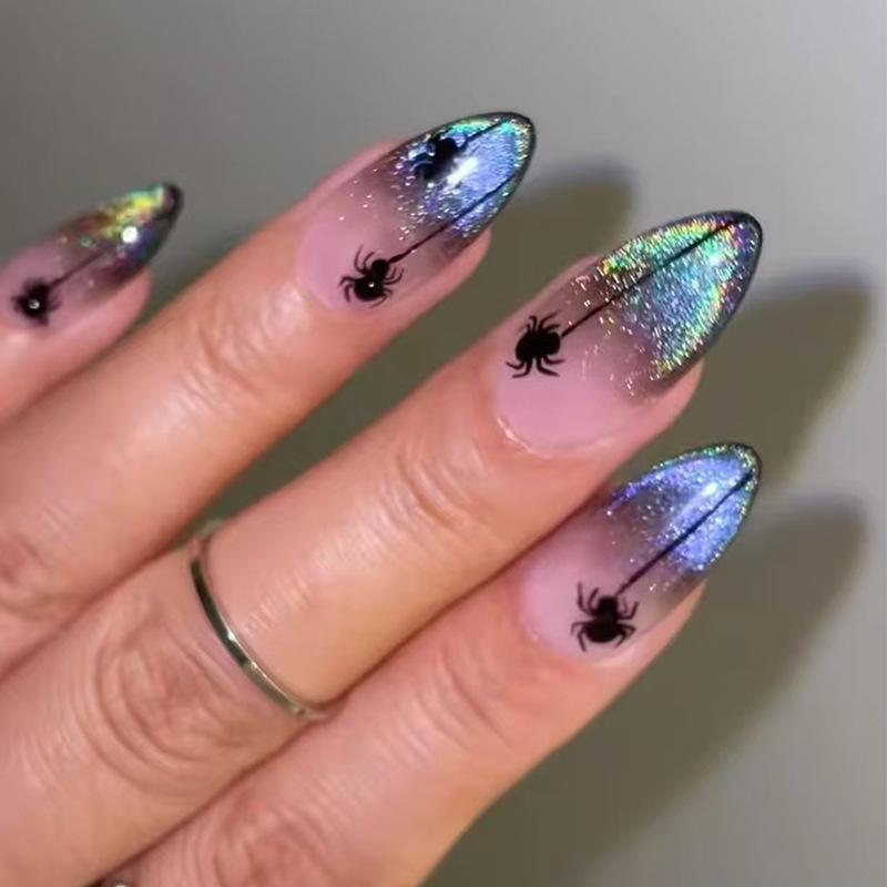 24Pz Unghie Finte French Leopardate Dorate a Mandorla Press-On Lunghezza Media Ovali Punte Unghie Finte Manicure Indossabile