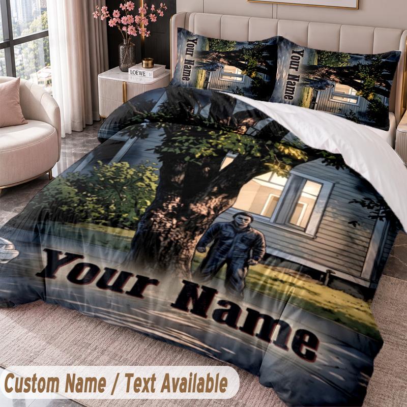 Custom Name Text 3Pcs Bedding Set Halloween Michael Myers Duvet Cover And Two Pillowcases