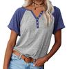 Women's Color Block V-Neck Button Decor Loose Short Sleeve T-shirt Casual Women's Top