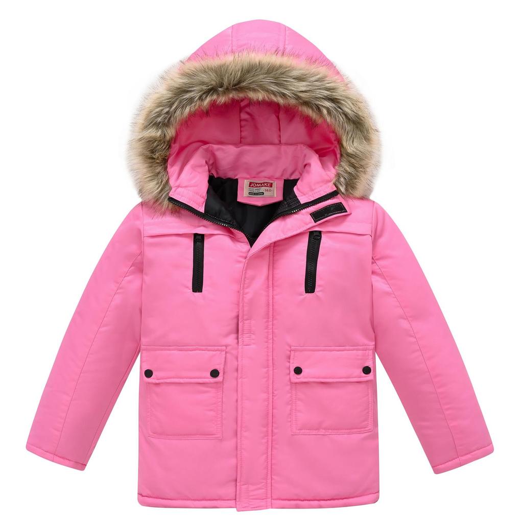 Middle and Big Children's Cotton Jacket Solid Color Thickened Warm Rushing Jacket Boys and Girls Hair Collar Removable Hooded Jacket