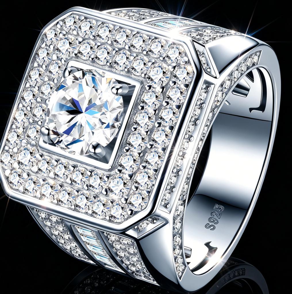 Factory 925 Silver Wide Band Hip Hop Full Moissanite Ring Iced Out Cuban Style Street Rapper Statement Jewelry