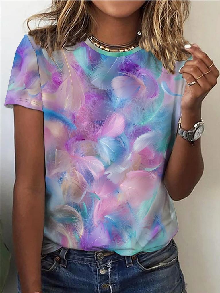 Women's round neck short-sleeved T-shirt, gradient pattern, casual fashion top