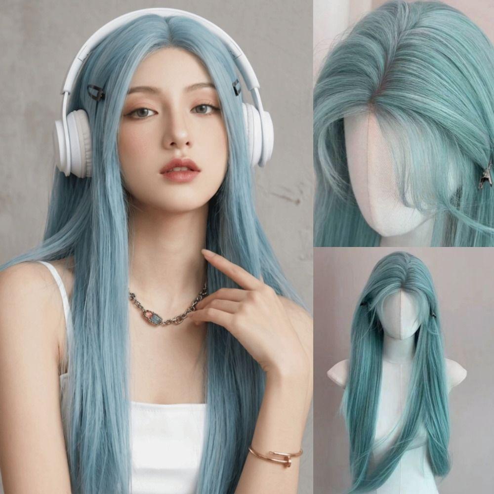 Harajuku Sea Salt Blue Wig 28inch Lolita Cosplay Wig Fake Hair Long Straight Synthetic Wig JK Girl