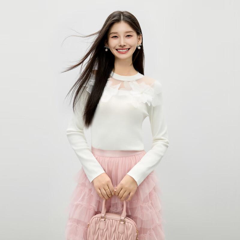 

Qiushui Yiren Women s Elegant Hollow-Out Mesh Panel Knit Sweater S