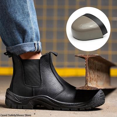 Genuine Leather Work Boots Men Black Waterproof Safety Shoes Anti-Smash Chelsea Safety Boots Men Steel Toe Work Shoes Footwear