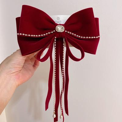 Elegant Red Velvet Bow Long Tassel Hairpins Women Wedding Headdress Hair Accessories