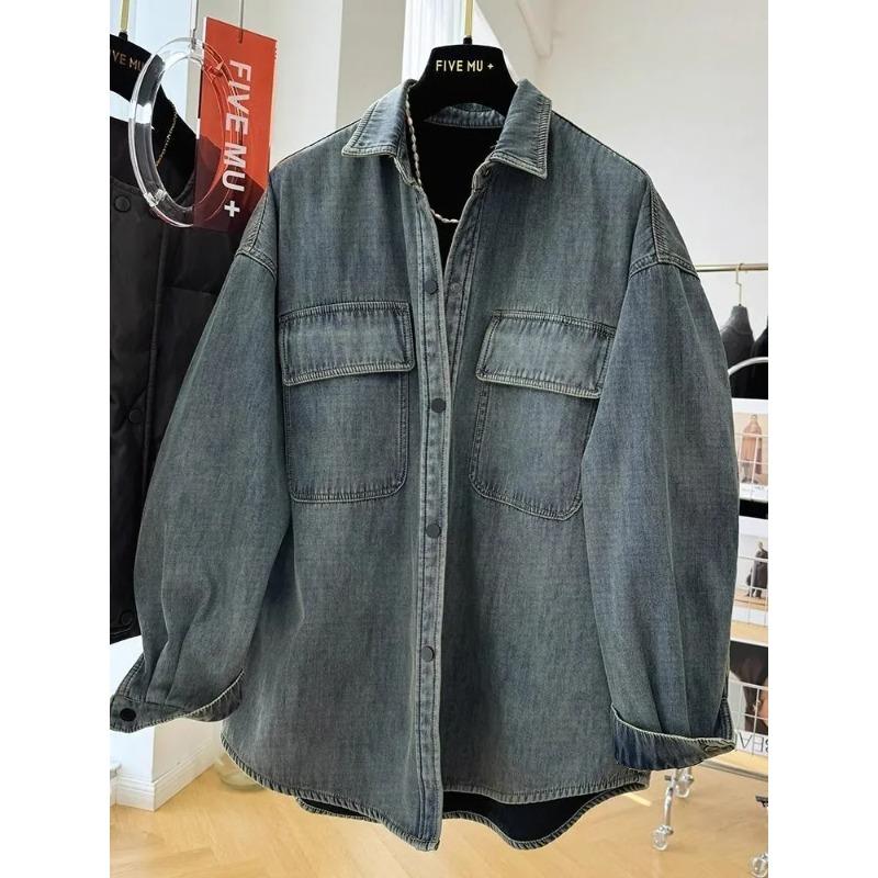 Demin Coat for Women Cotton Thickened Plush Autumn Winter Sleeve Oversize  Casual Zipper Throwback Jacket