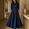 Women Lapel Collar Button Down Midi Dress Puff Sleeve Casual Loose Fit Vintage Elegant Long Dress