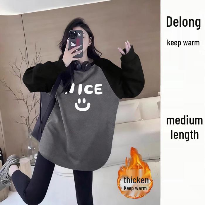 

Korean Color Block Long Sleeve Plus Size Brushed Women s Top for Autumn/Winter XL серый/чёрный