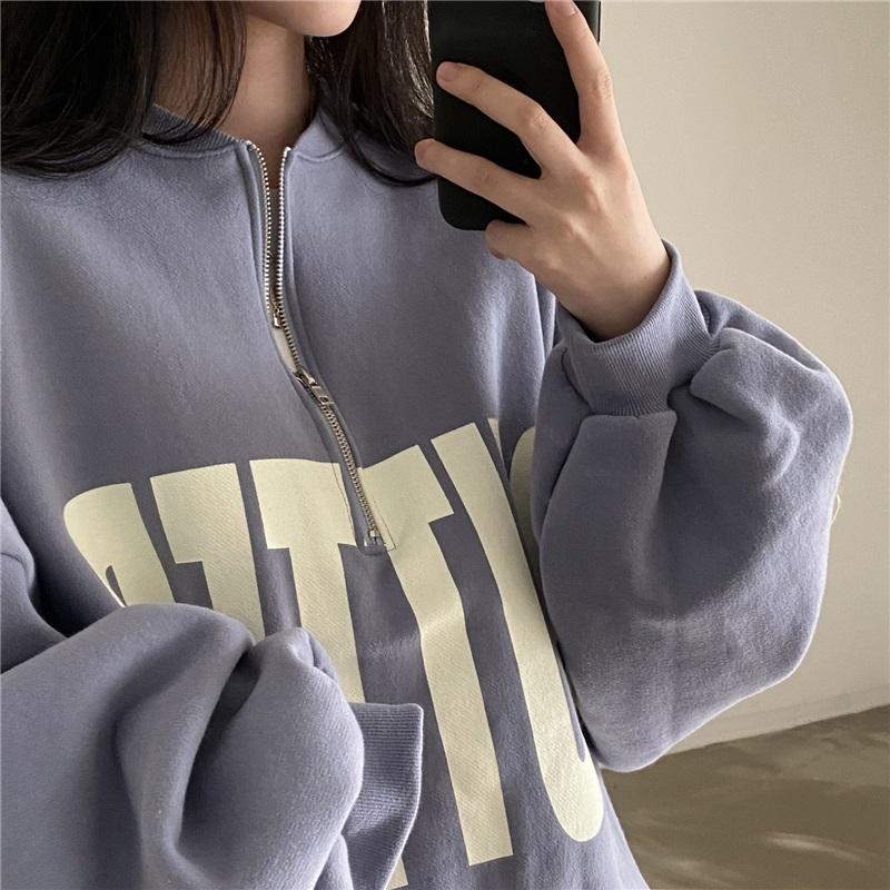 Felpa da Donna con Mezza Zip Stampa Lettere Vestibilità Larga Casual Collo Alto Pullover