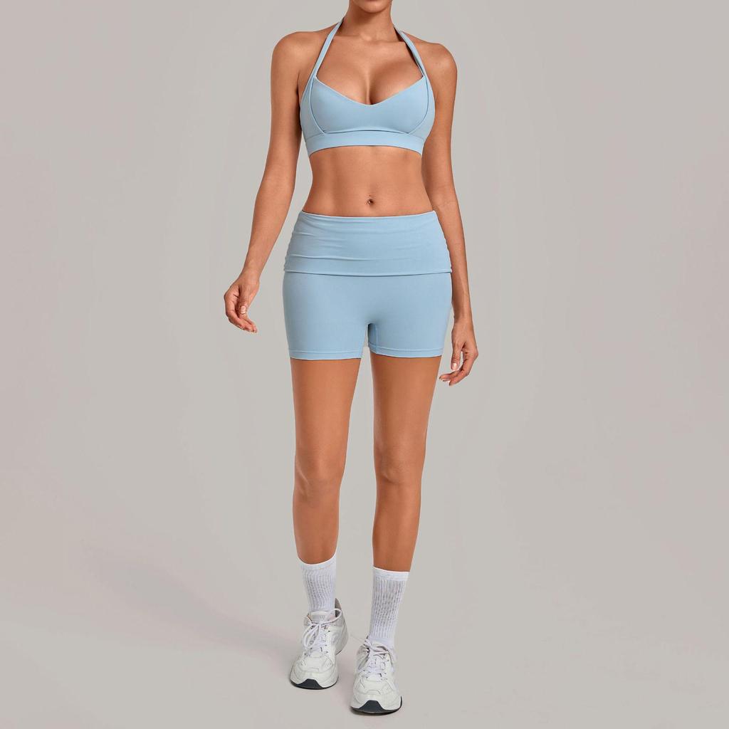 Women's Halter Backless Pleated Yoga Set - Tight Fit, Hip-Revealing Sportswear