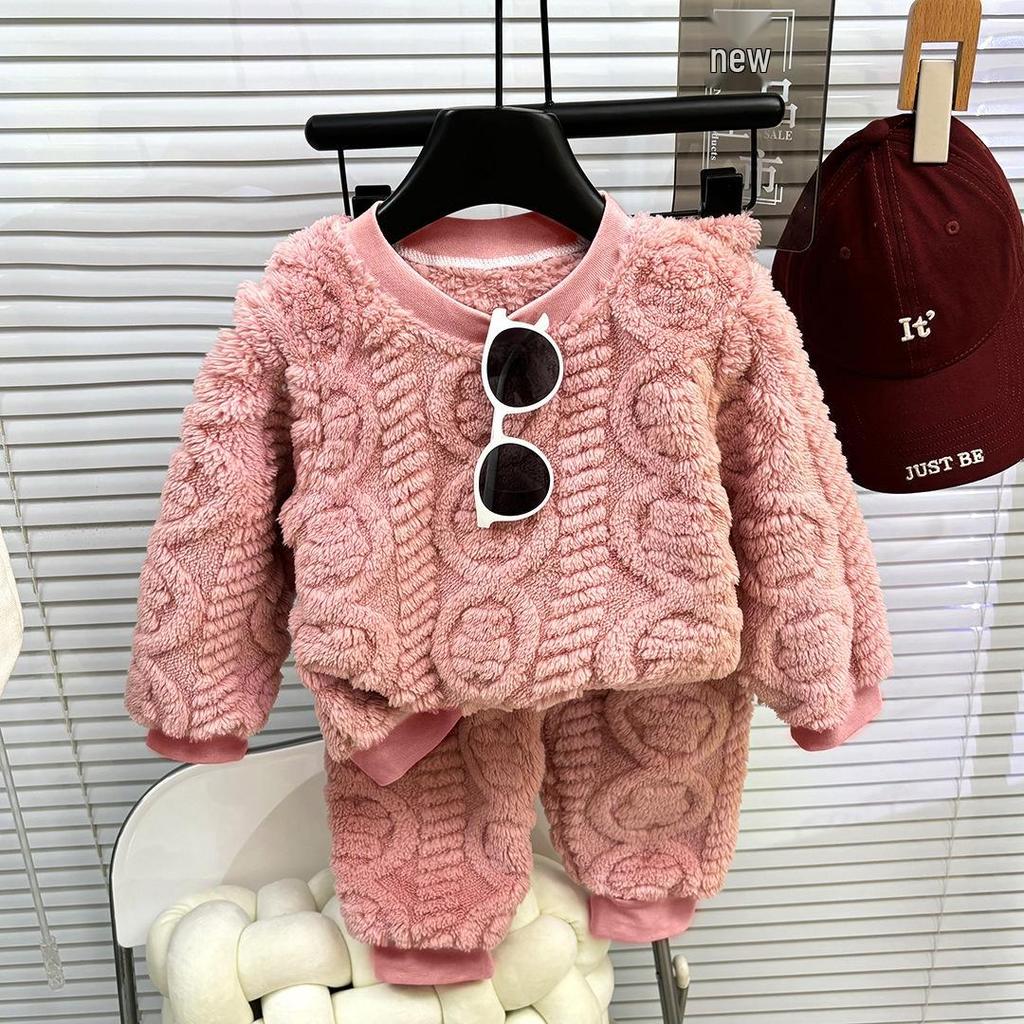 Children's Warm Flannel Pajamas Set - Thickened Jacquard Home Clothes for Boys & Girls in Solid Colors, Korean Style for Autumn/Winter.