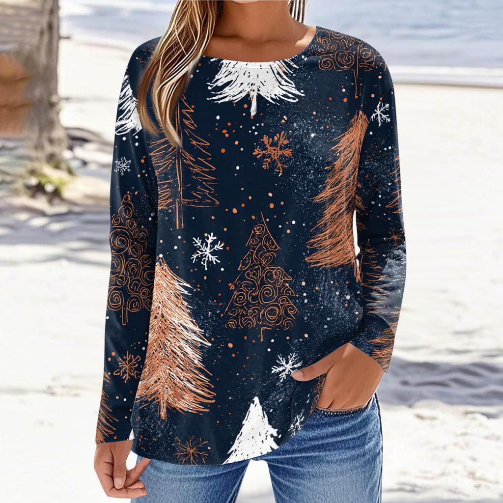 Women's Fashion Christmas Print Crewneck Long Sleeve Pullover Top for Casual Holiday Wear