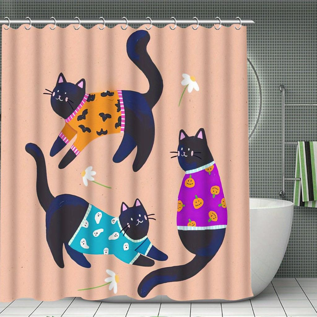 Black Cat Decorative Shower Curtain Bathroom Set - Machine Washable, With 12 Hooks, Including Toilet Seat Cover And Bathtub Mat