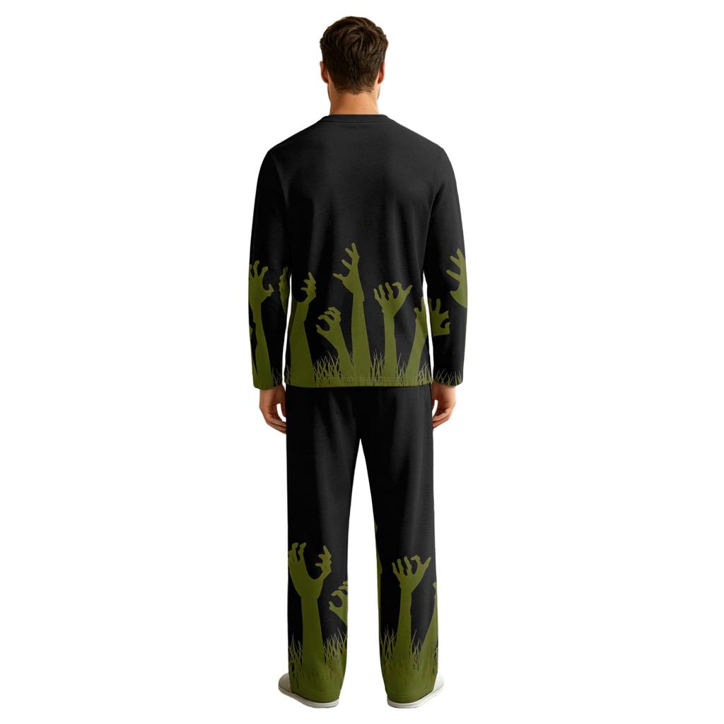 Men's Halloween Pajama Set Long Sleeve with Button Crotch and Elastic Waist Drawstring for Holiday Sleepwear