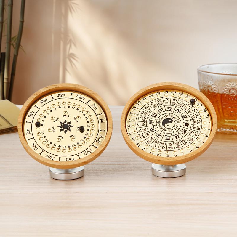 Adjustable Wooden Sundial Perpetual Calendar, Desktop Ornament and Timer for Home or Office Decor