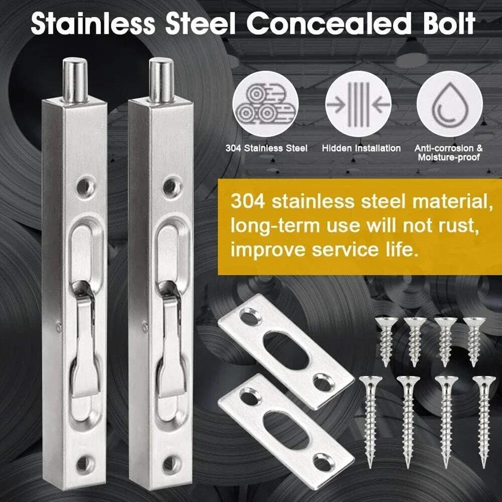 2 Pcs Door Bolt Lock Invisible Bolt Latch Lock Tiandi Concealed Door Latch Stainless Steel Home Safety Anti-theft Hardware