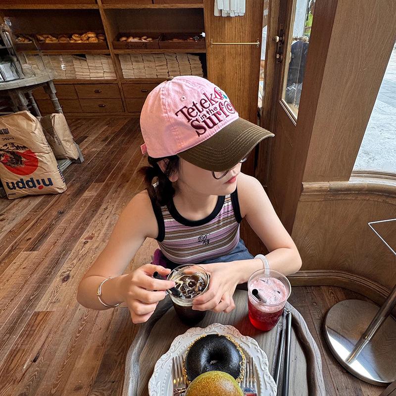 Korean Retro Contrasting Color Pink Baseball Cap Trendy Brand Letter Color Block Baseball Cap Embroidery Ins Soft Top Sun Visor Baseball Cap