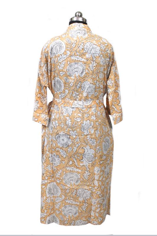 Bavlněný dlouhý kimonový župan, pyžamový župan s indickým ručně potištěným nočním prádlem a maxi županem