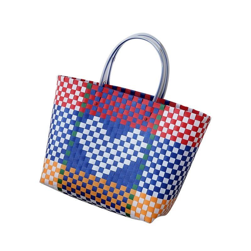 Velkokapacitní PP plastová ručně pletená taška na uskladnění s barevnými pruhy lásky, košík na zeleninu, otevřená kabelka