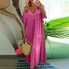 Women's Summer Fashion V-neck Solid Color Large Size Loose Long Large Swing Short-sleeved Dress