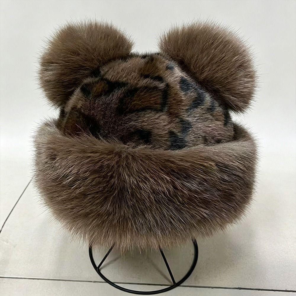 With Ear Lovely Women's Cap Leopard Print Warm Fluffy Faux Fur Bucket Hat Ear Protection Cap