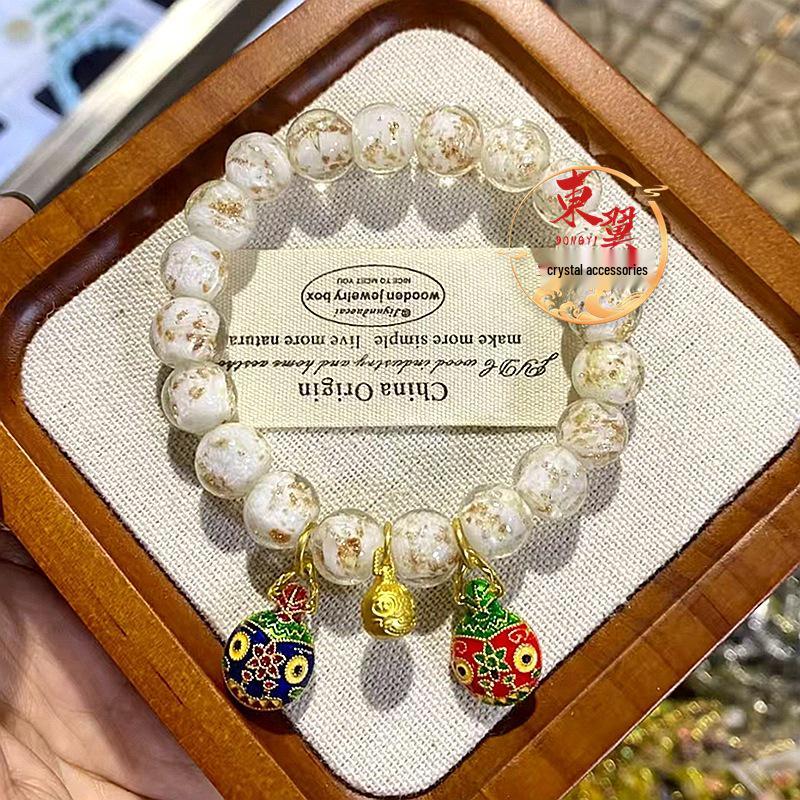 White Gold Sand Luminous Glaze Bracelet with Incense Ash Porcelain and Gold Foil - Wutai Panjiayuan Women s Design