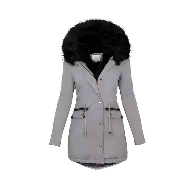 Parka nouă de iarnă 2025, croială slim, culoare uni, guler de blană, cu glugă, lungime medie, groasă, călduroasă, din bumbac
