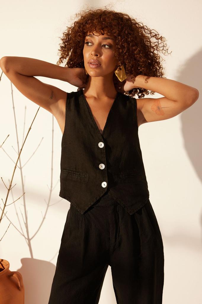 Women's Fashion Black 100% Linen Fitted Vest