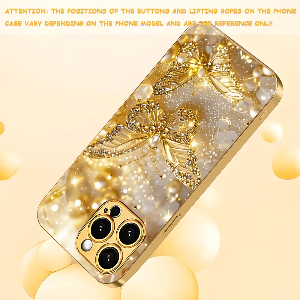 Golden Butterfly Design Electroplated Glass Phone Case Suitable for iPhone17 16 15 14 13 12 11Pro/Max/Plus Shockproof Back Cover