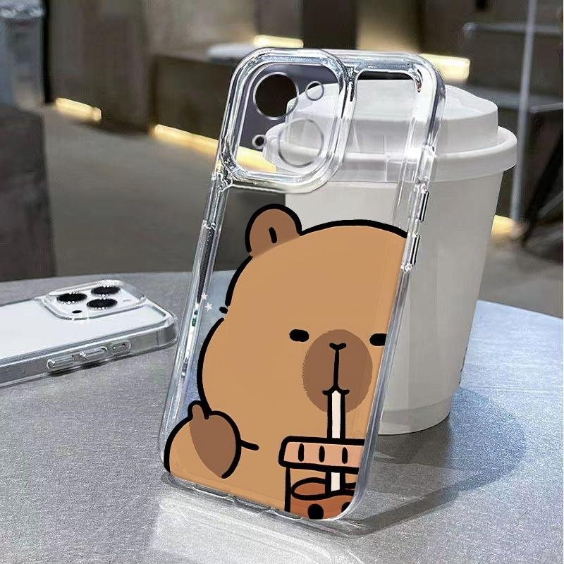 Chill Capybara Drink Phone Case For iPhone 17 Air 16E 16 15 14 11 Pro Max Plus 13 12 Mini 8 7 X Transparent Shockproof Cover
