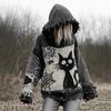 Imitation Cashmere Sweater Hooded Long Sleeve Halloween Ghost Cat Pattern Sweater Retro Print Loose Fit Distressed Knitting Hoodie