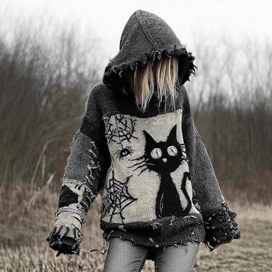 Imitation Cashmere Sweater Hooded Long Sleeve Halloween Ghost Cat Pattern Sweater Retro Print Loose Fit Distressed Knitting Hoodie
