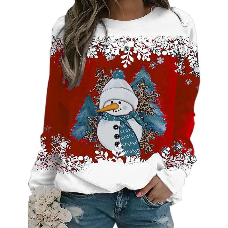 

New Christmas 3D snowman print women s loose round neck long sleeved T-shirt S