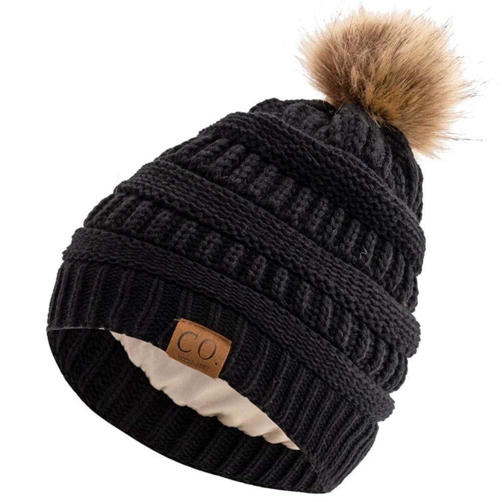 New Anti-Static Beanie Hat Satin Lined Faux Fur Pom Pom Beanies Hat For Woman Winter Warm Knit Hats