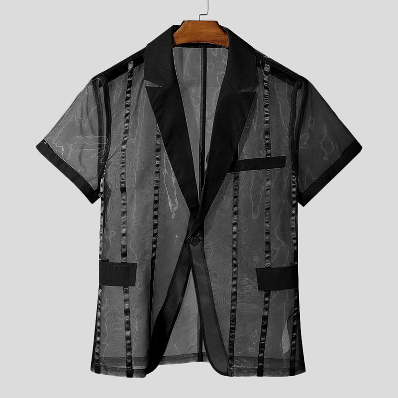 INCERUN Men Summer Deep V Striped Stitching See Through Mesh Sheer One Button Shirts