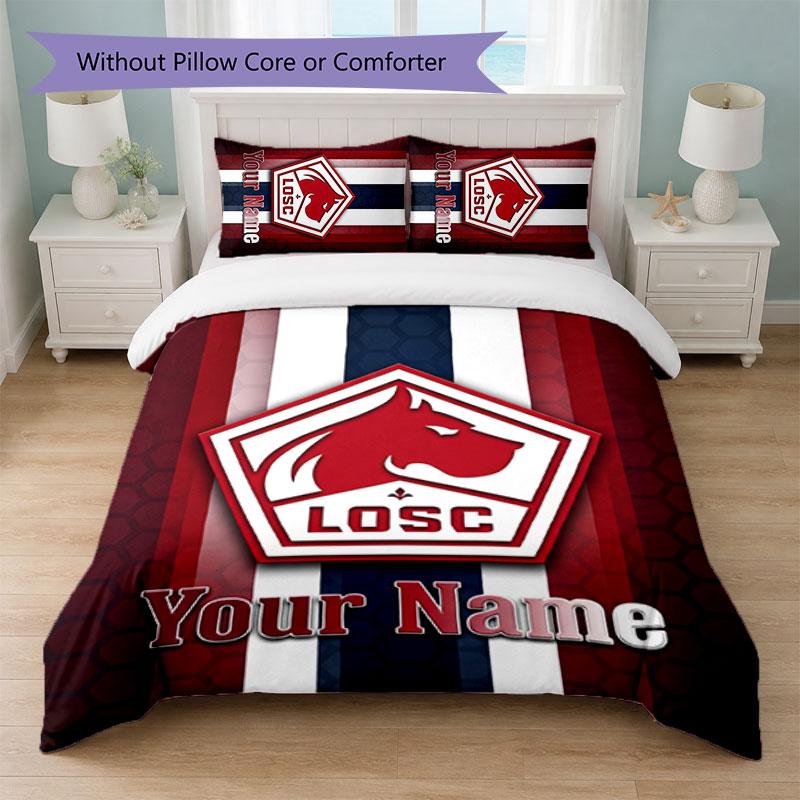 LOSC Lille Custom Name Text Bedding Set 1 Duvet Cover+2 Pillowcases Soccer Logo Personalized Gift For Special Occasion Bedroom Decor