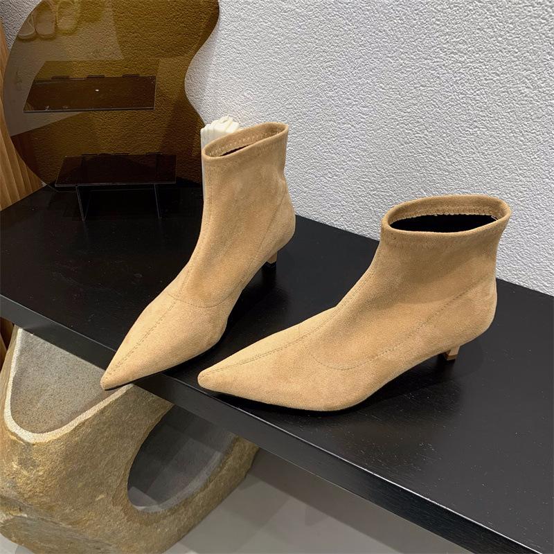 Autumn and Winter Soft-soled Elastic Pointed-toed Stiletto Boots Women's Short Boots Small Heel Versatile Black Suede Single Boots