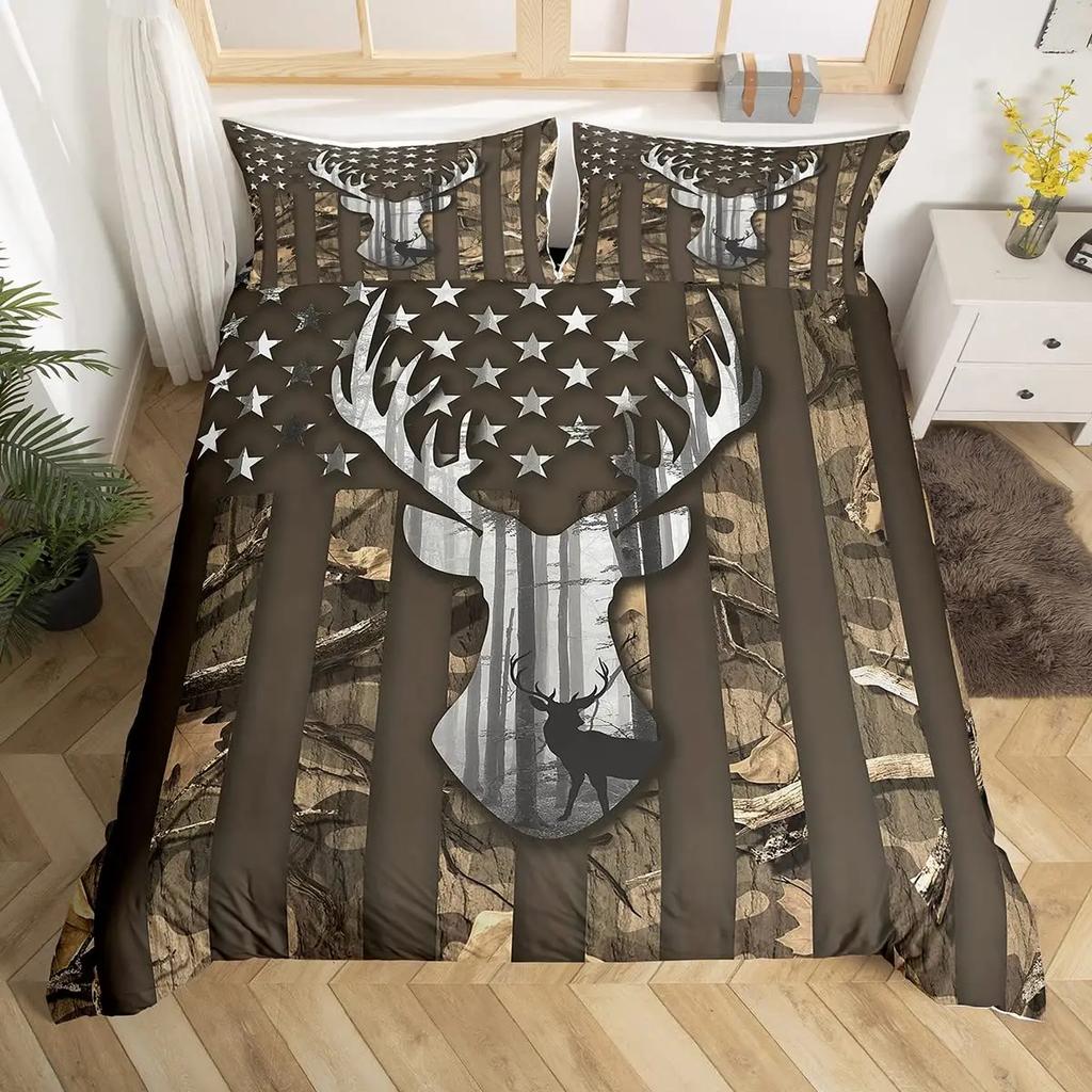 Antler King Queen Duvet Cover Whitetail Deer Bedding Set Wild Fawn Quilt Cover Countryside Rural Animal Brown Comforter Cover