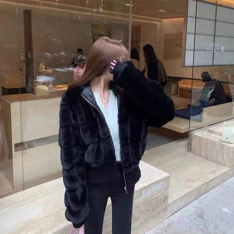 Winter new imitation mink hair celebrity leather women's short hooded thickened exquisite light fluffy coat