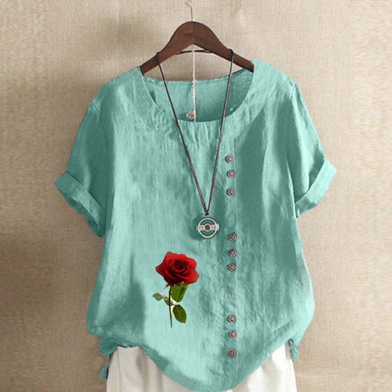 Women's New Fashion Linen Shirt Round Neck Short Sleeve Rose Printed T-shirt Summer Ladies Casual Plus Size Blouse Tops