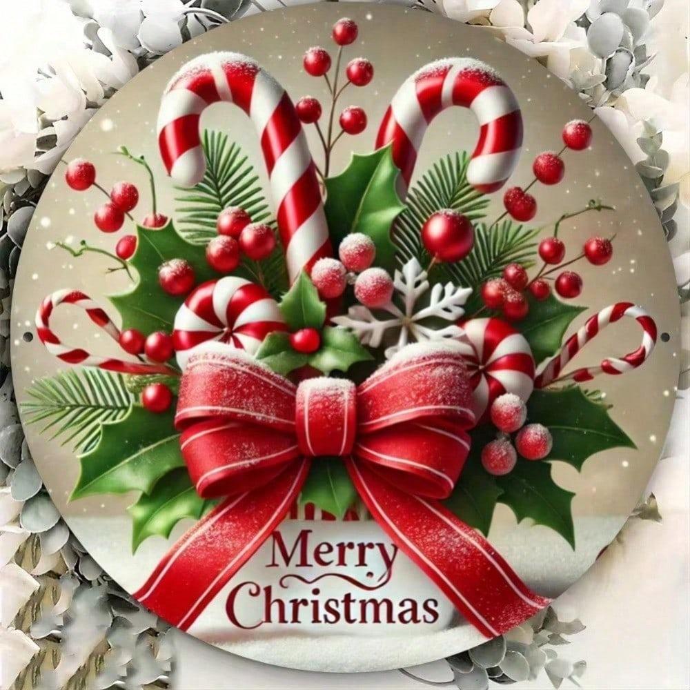 Christmas Round Metal Tin Sign, Home Wall Decor Candy Cane Holiday Art For Living Room Kitchen Bathroom Coffee Shop
