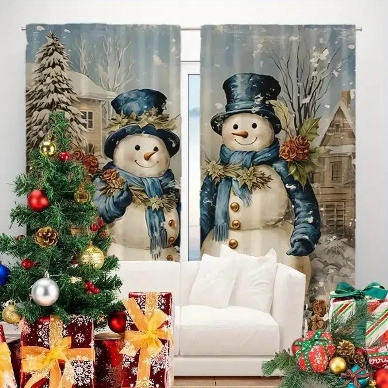 Set Of 2 Cheerful Snowman Printed Curtain Polyester Christmas Holiday Window Decor Cozy Home Cu Light Blocking Made With Rod Pocket